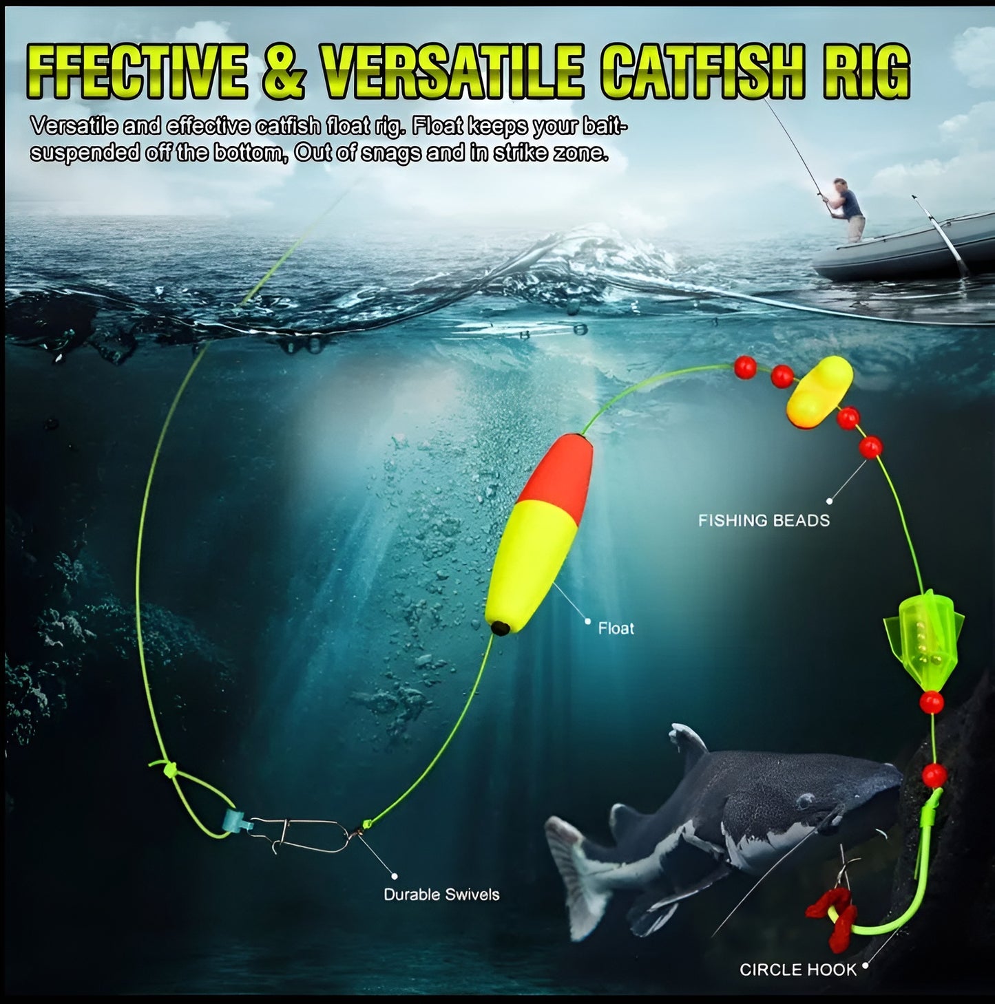 5 Pack Catfish Rig, Hand Tied, Luminescent Circle Hook