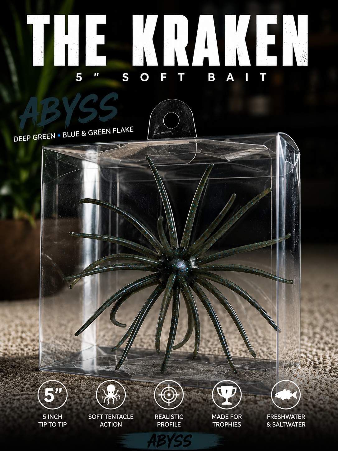 The KRAKEN - 5" Trophy fish Urchin Soft Bait - Tentacle Swim Bait Fishing Lure w/ Box for Freshwater Saltwater Bass Redfish Drumfish Trout Catfish Pike Snook
