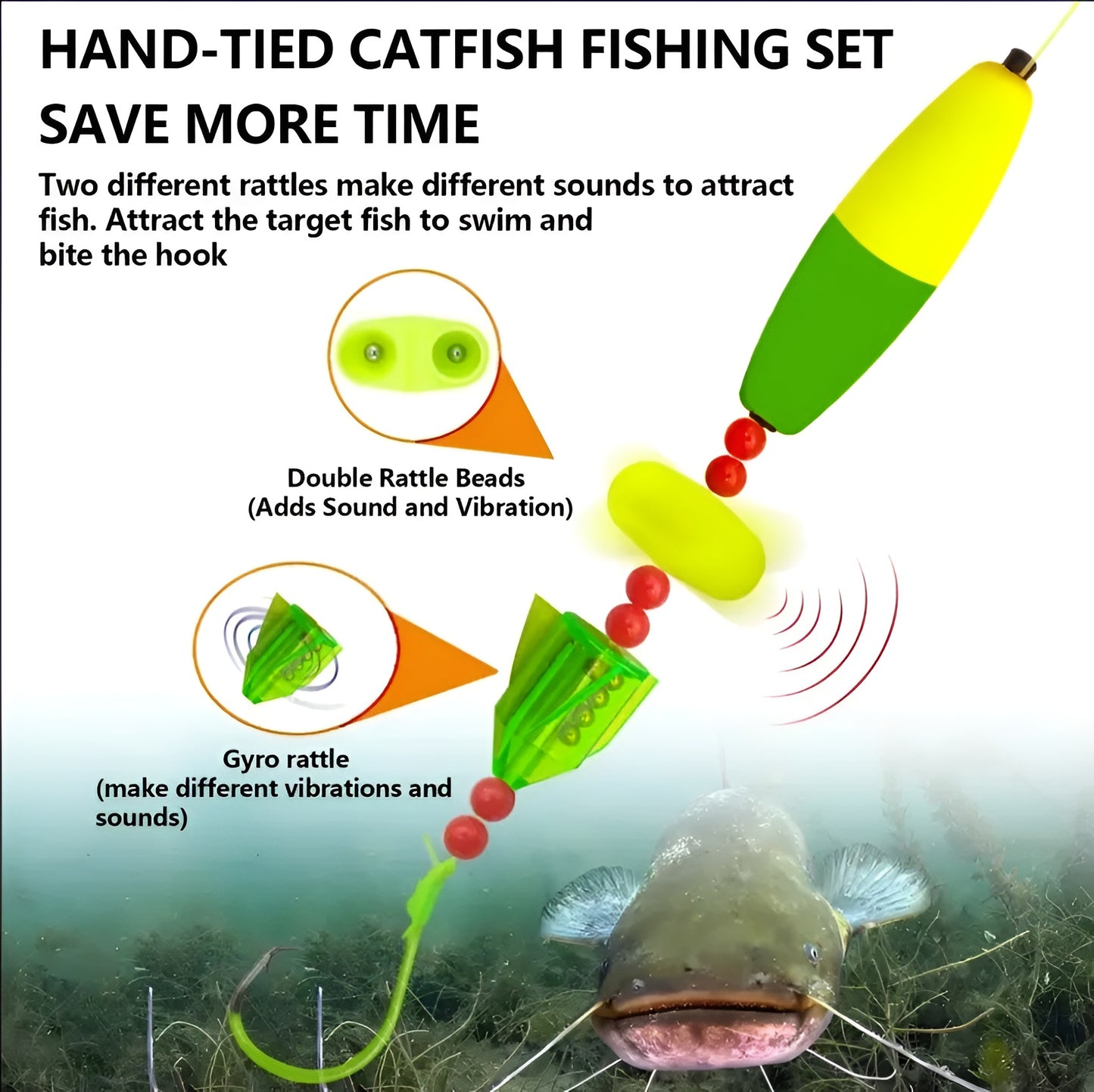 Catfish Rig - Hand Tied Ready to Use with Float Rattle Swivel Sinker Slide & Glow Hook - 1 Pack