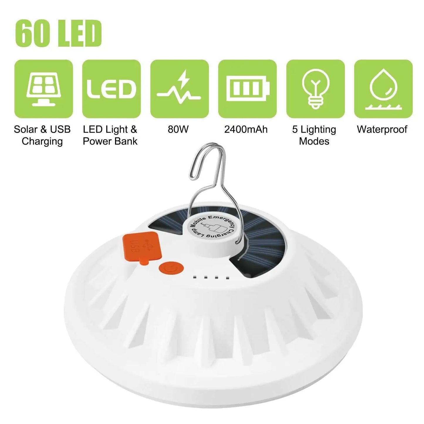 Rechargeable 60 LED Outdoor Camping Tent Light USB & Solar Lantern