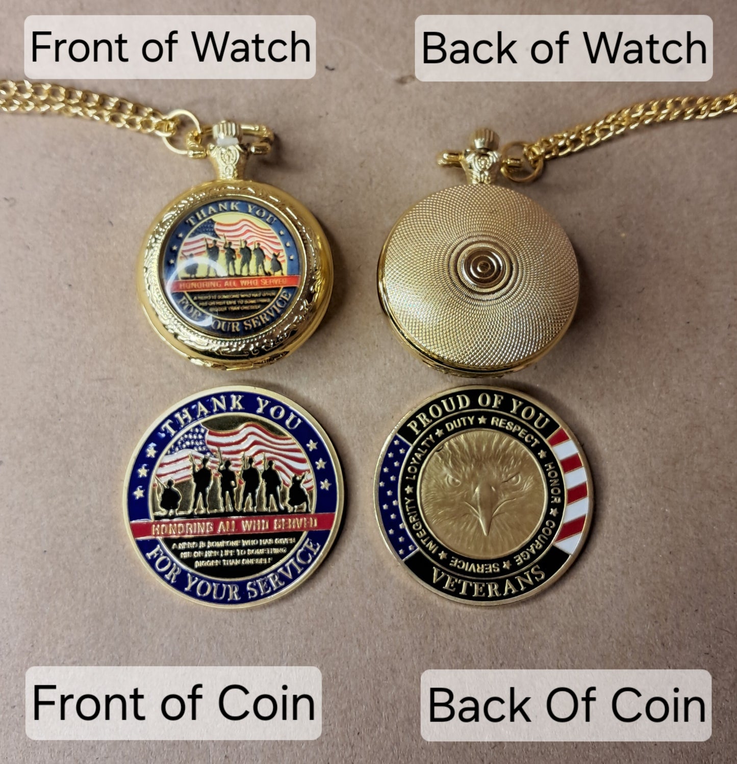 Veterans Thank You Commemorative Quarts Golden Pocket Watch with 30" Chain