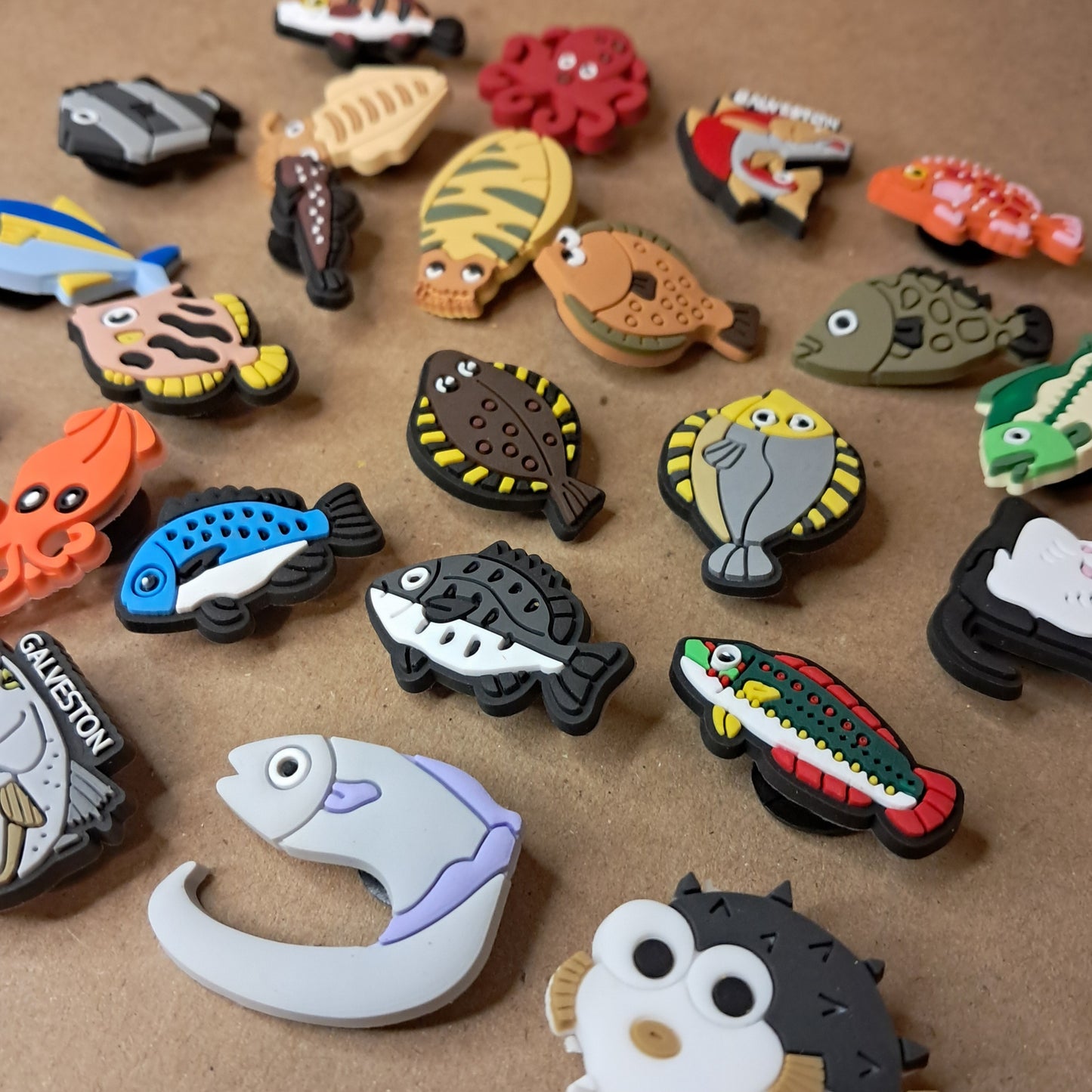 25 Pack Fishing Shoe Charms - featuring Fish Trout Squid Octopus Pufferfish Flounder Redfish Stingray Snapper Bass Tuna