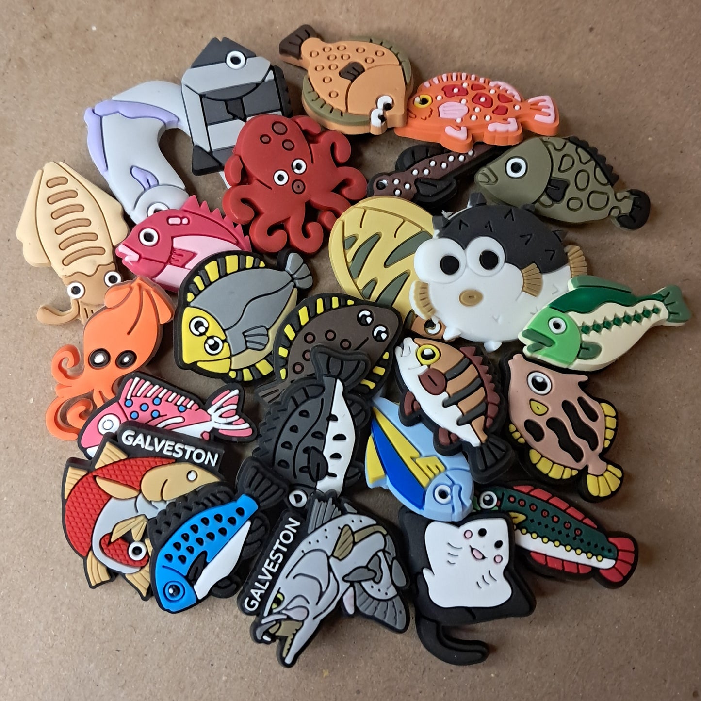 25 Pack Fishing Shoe Charms - featuring Fish Trout Squid Octopus Pufferfish Flounder Redfish Stingray Snapper Bass Tuna