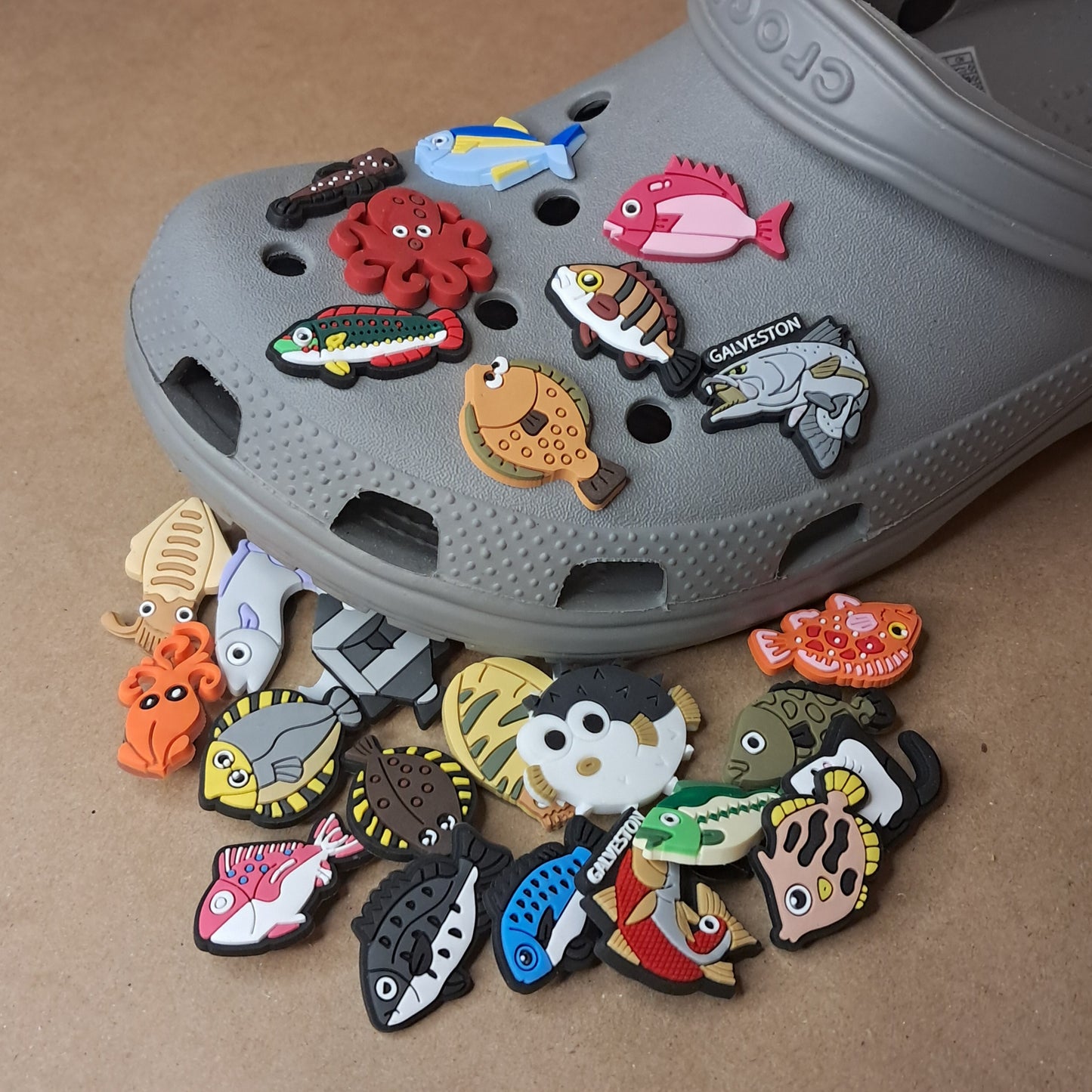 25 Pack Fishing Shoe Charms - featuring Fish Trout Squid Octopus Pufferfish Flounder Redfish Stingray Snapper Bass Tuna