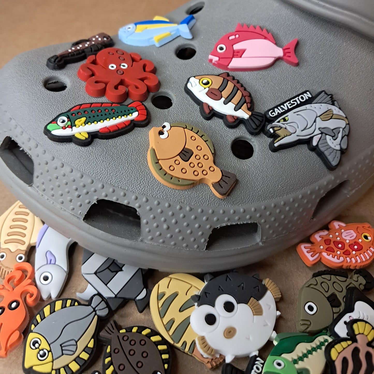 25 Pack Fishing Shoe Charms - featuring Fish Trout Squid Octopus Pufferfish Flounder Redfish Stingray Snapper Bass Tuna