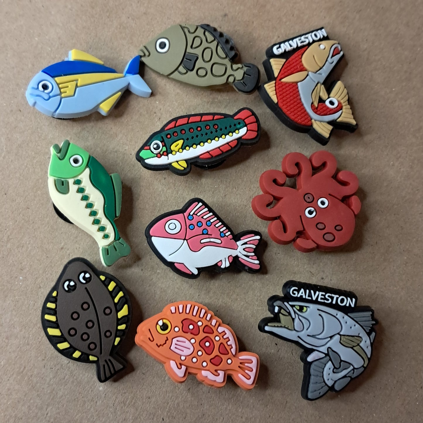 25 Pack Fishing Shoe Charms - featuring Fish Trout Squid Octopus Pufferfish Flounder Redfish Stingray Snapper Bass Tuna