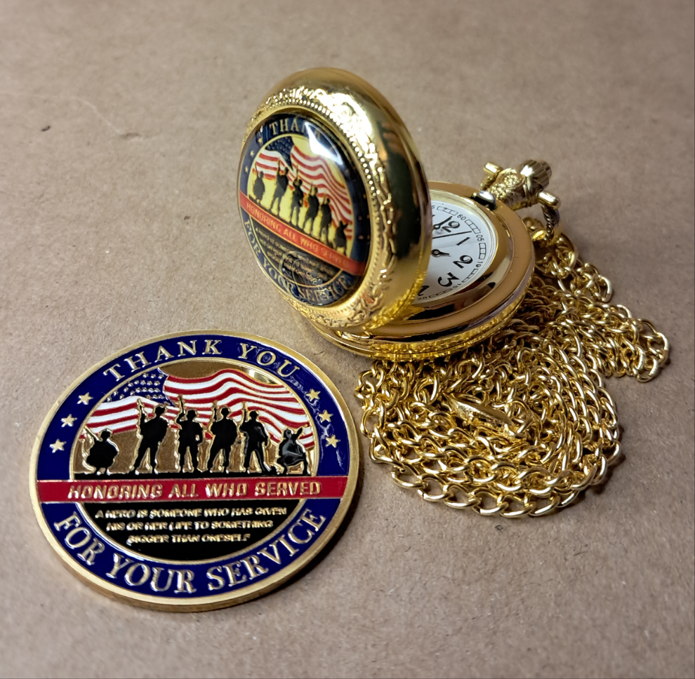 Veterans Thank You Commemorative Quarts Golden Pocket Watch with 30" Chain