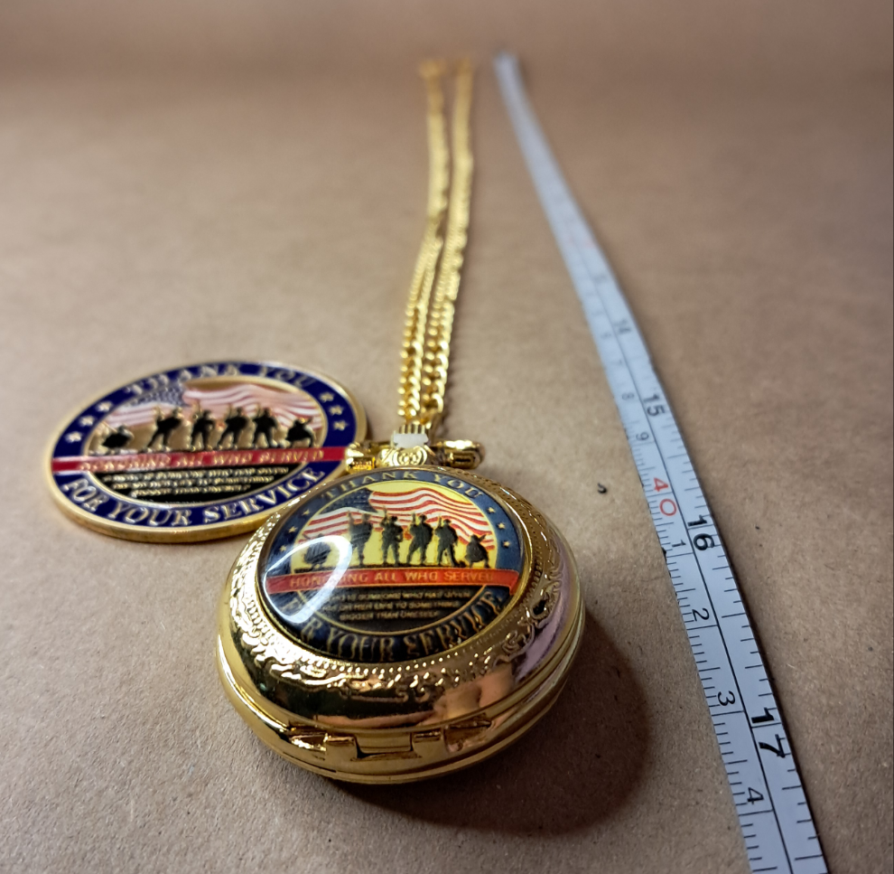 Veterans Thank You Commemorative Quarts Golden Pocket Watch with 30" Chain