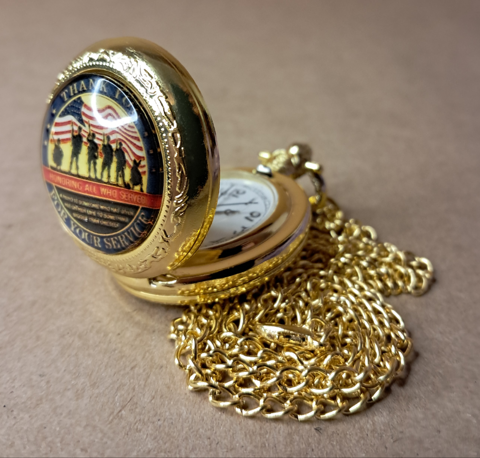 Veterans Thank You Commemorative Quarts Golden Pocket Watch with 30" Chain