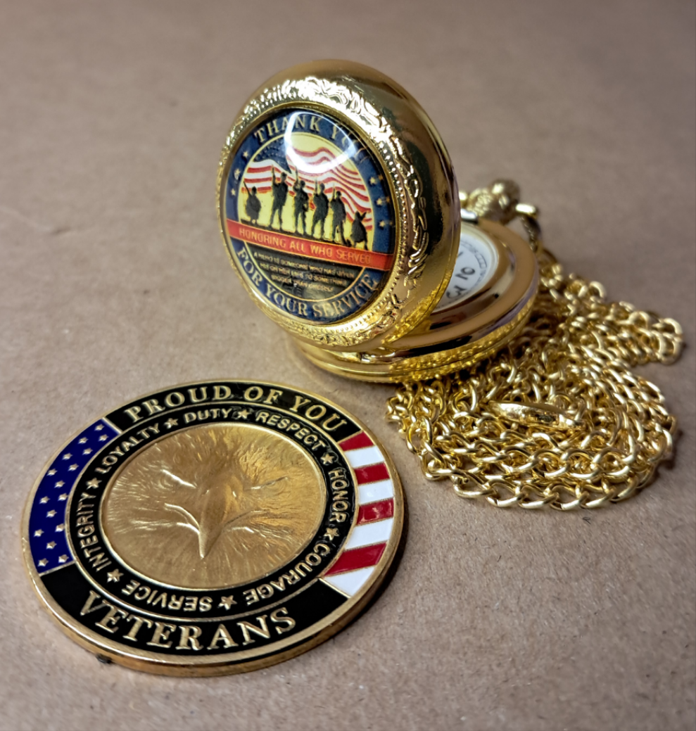 Veterans Thank You Commemorative Quarts Golden Pocket Watch with 30" Chain