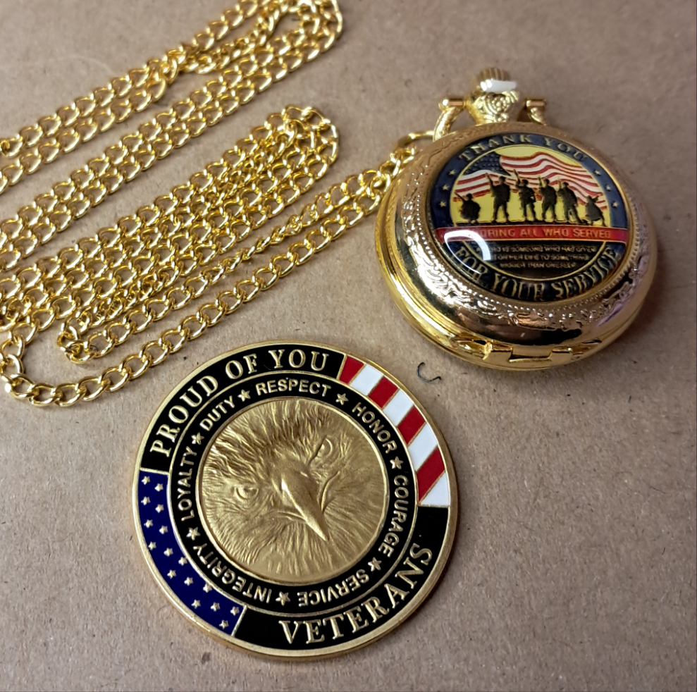 Veterans Thank You Commemorative Quarts Golden Pocket Watch with 30" Chain