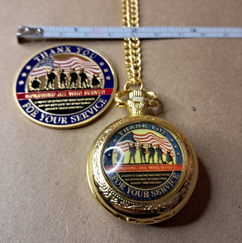 Veterans Thank You Commemorative Quarts Golden Pocket Watch with 30" Chain