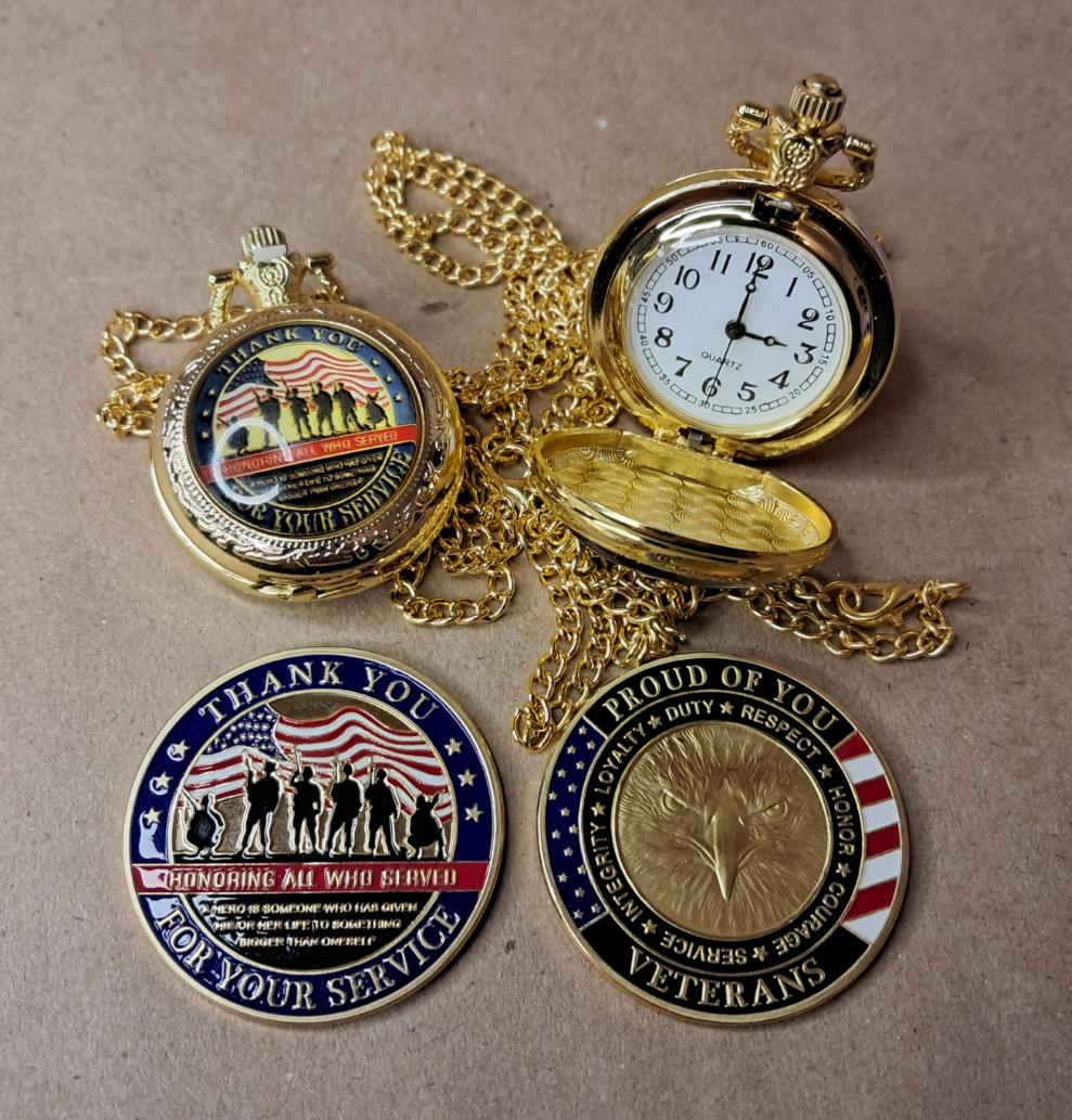 Veterans Thank You Commemorative Quarts Golden Pocket Watch with 30" Chain