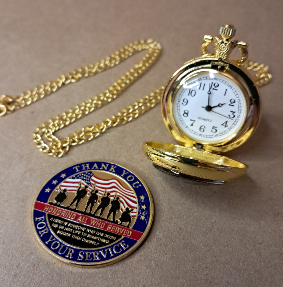 Veterans Thank You Commemorative Quarts Golden Pocket Watch with 30" Chain