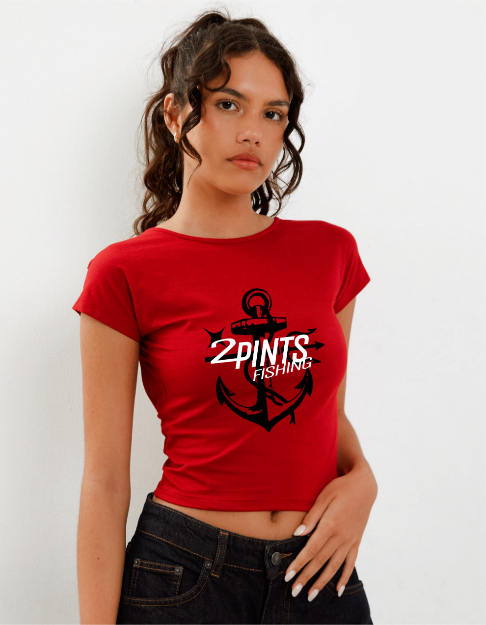 Womens Red DriFit Contour Sculpting Crop Top Tee - 2 Pints Fishing X ShellBack Fishing