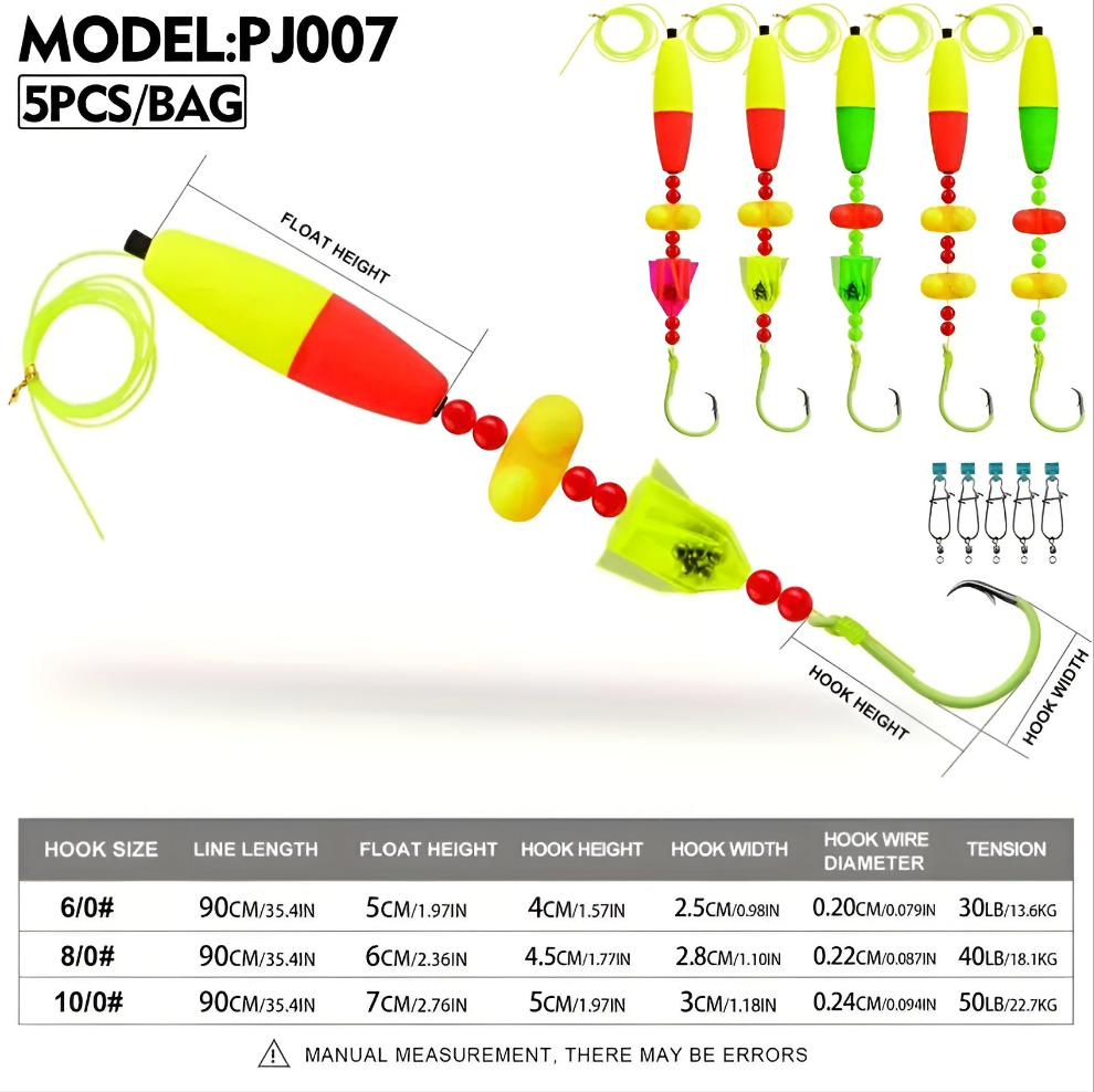 5 Pack Catfish Rig, Hand Tied, Luminescent Circle Hook