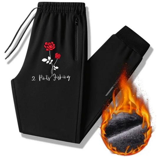 Fishing and Roses Sweatpants - Warm Fleece Lined Winter Sweats with Zipper Pockets