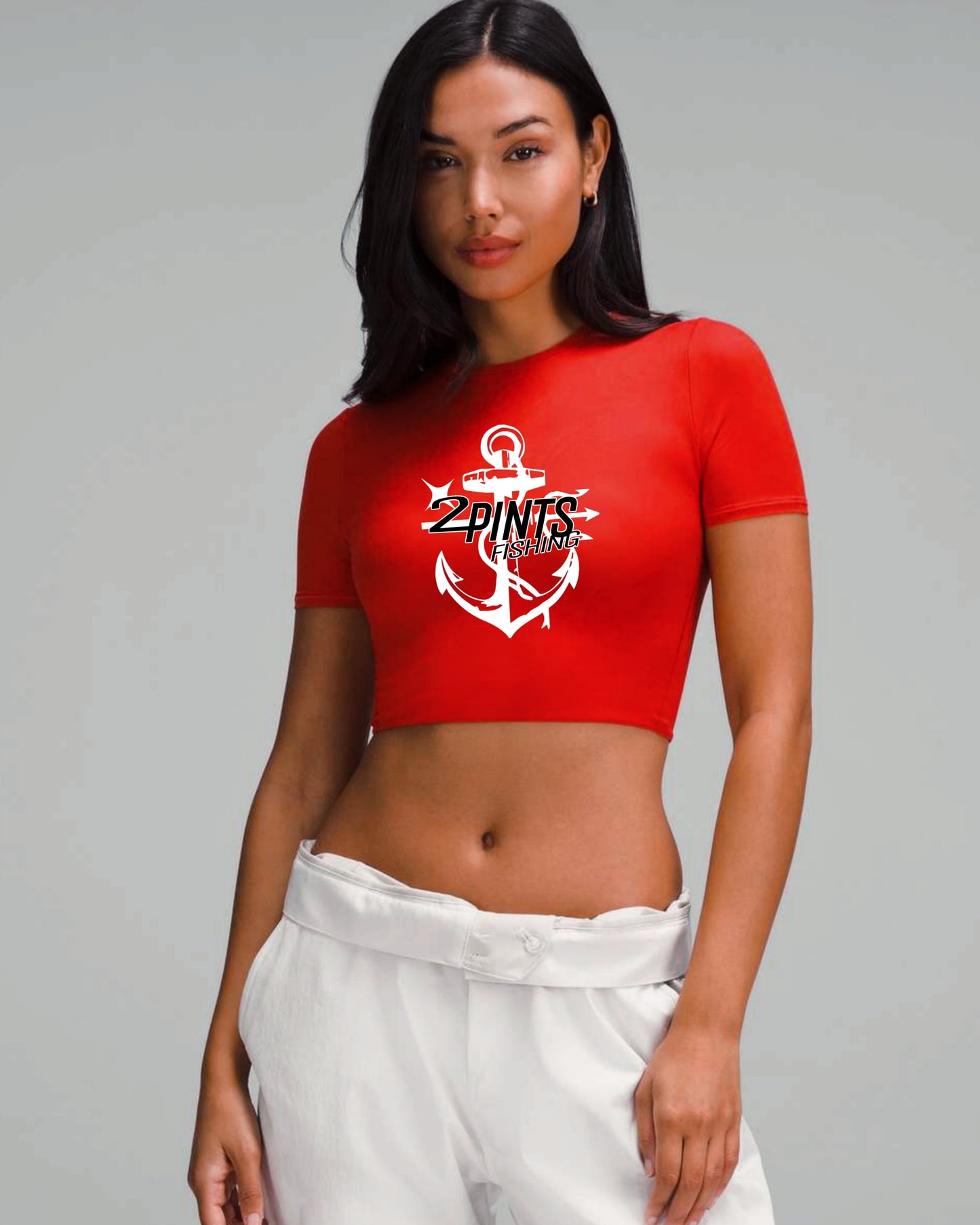 Womens Red DriFit Contour Sculpting Crop Top Tee - 2 Pints Fishing X ShellBack Fishing