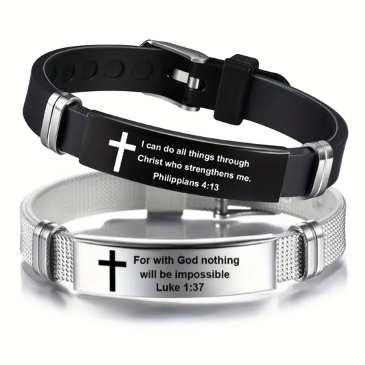 Stainless Steel Scripture Engraved Christian Bracelet with Adjustable Silicone Strap