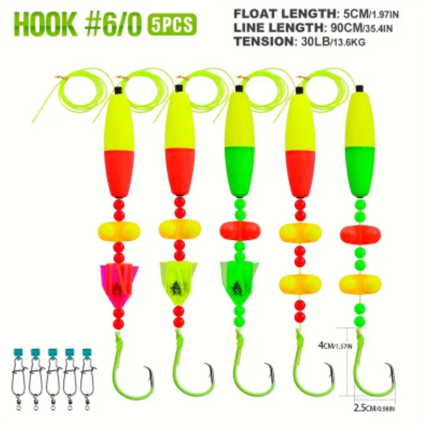 5 Pack Catfish Rig, Hand Tied, Luminescent Circle Hook