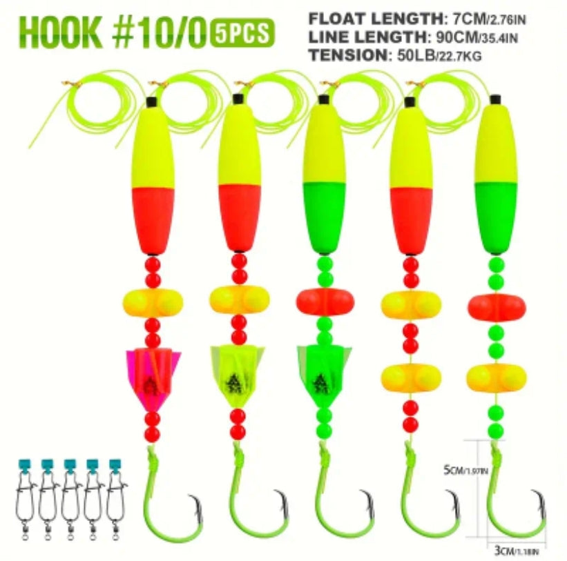 5 Pack Catfish Rig, Hand Tied, Luminescent Circle Hook