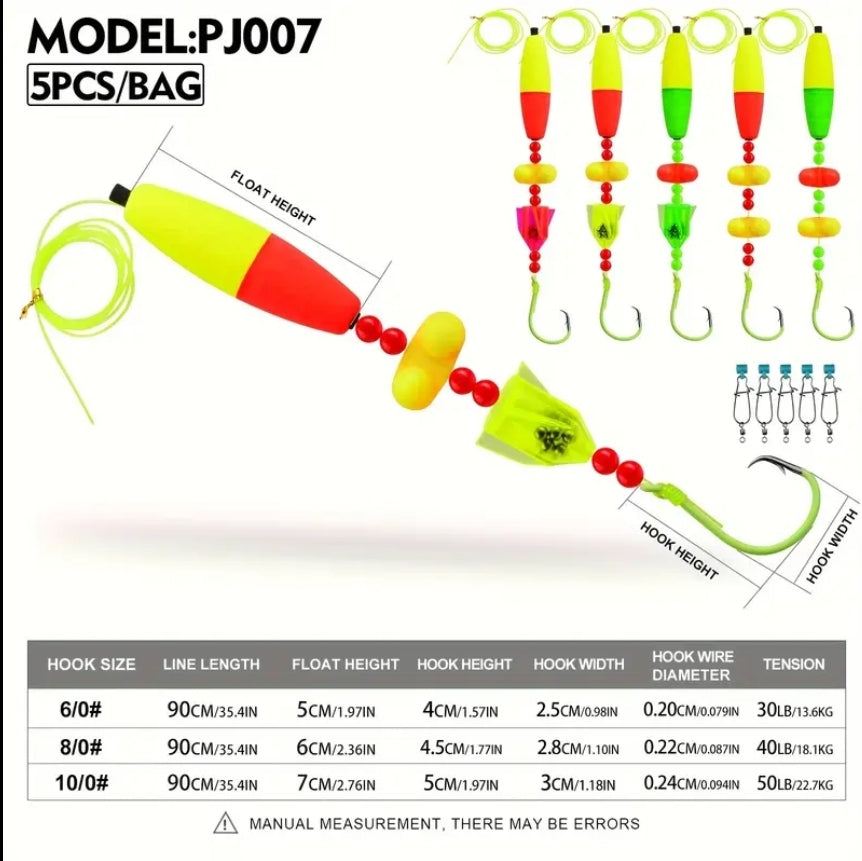 5 Pack Catfish Rig, Hand Tied, Luminescent Circle Hook