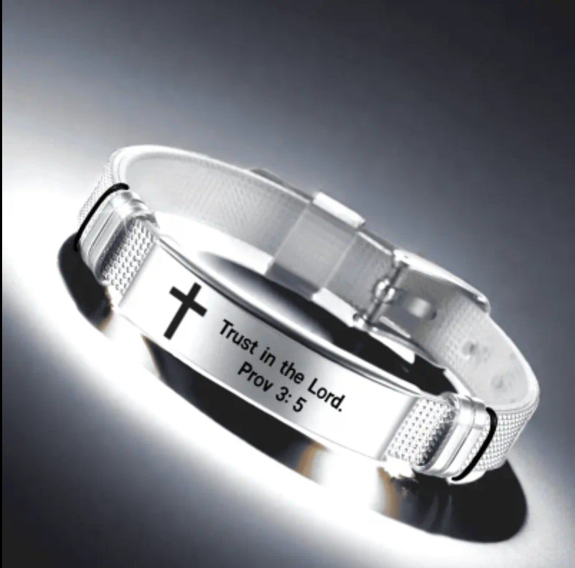 Stainless Steel Scripture Engraved Christian Bracelet with Adjustable Silicone Strap