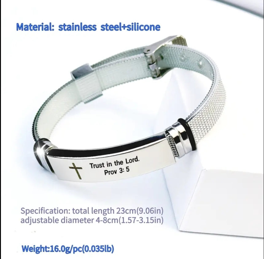 Stainless Steel Scripture Engraved Christian Bracelet with Adjustable Silicone Strap