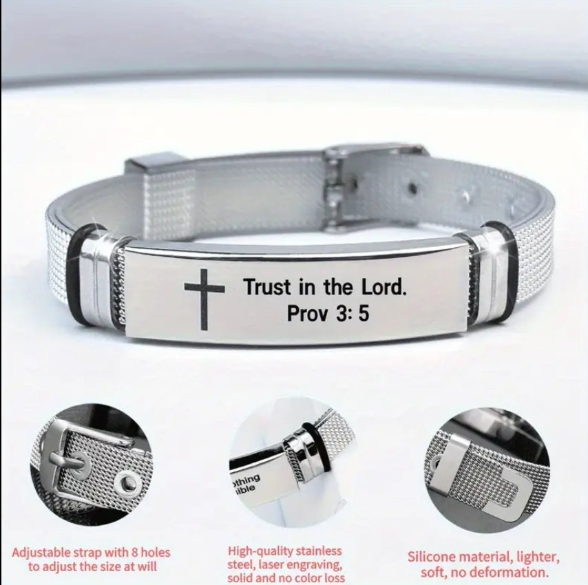 Stainless Steel Scripture Engraved Christian Bracelet with Adjustable Silicone Strap