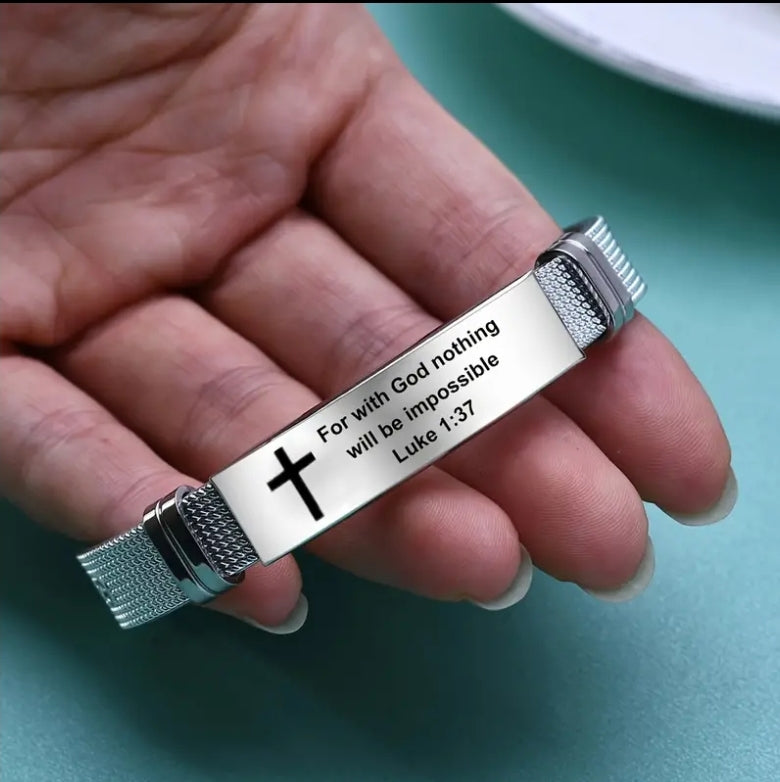 Stainless Steel Scripture Engraved Christian Bracelet with Adjustable Silicone Strap