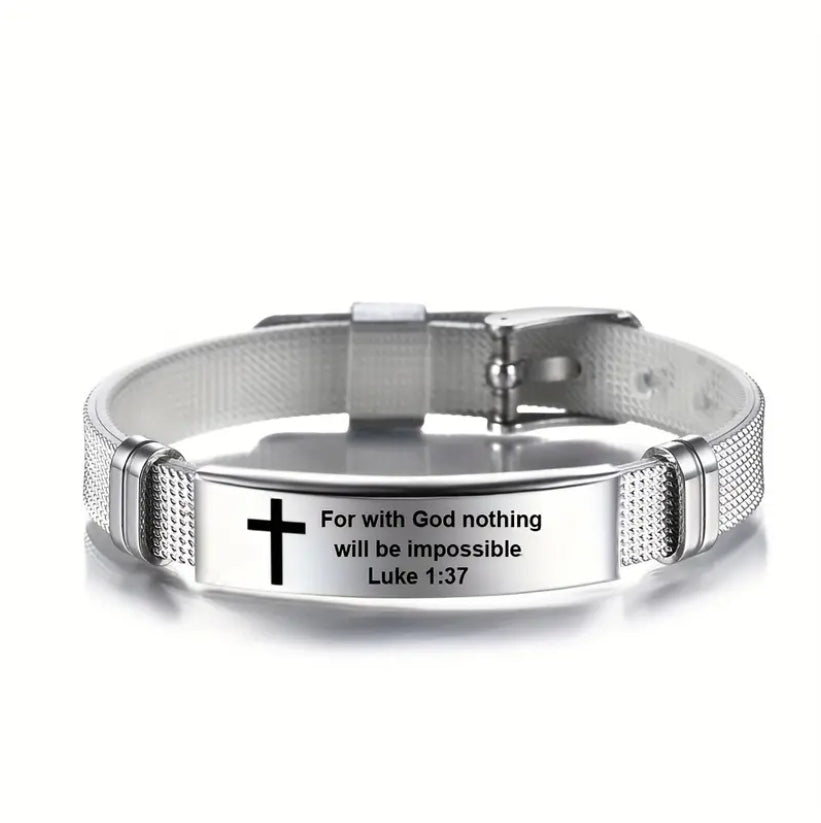 Stainless Steel Scripture Engraved Christian Bracelet with Adjustable Silicone Strap