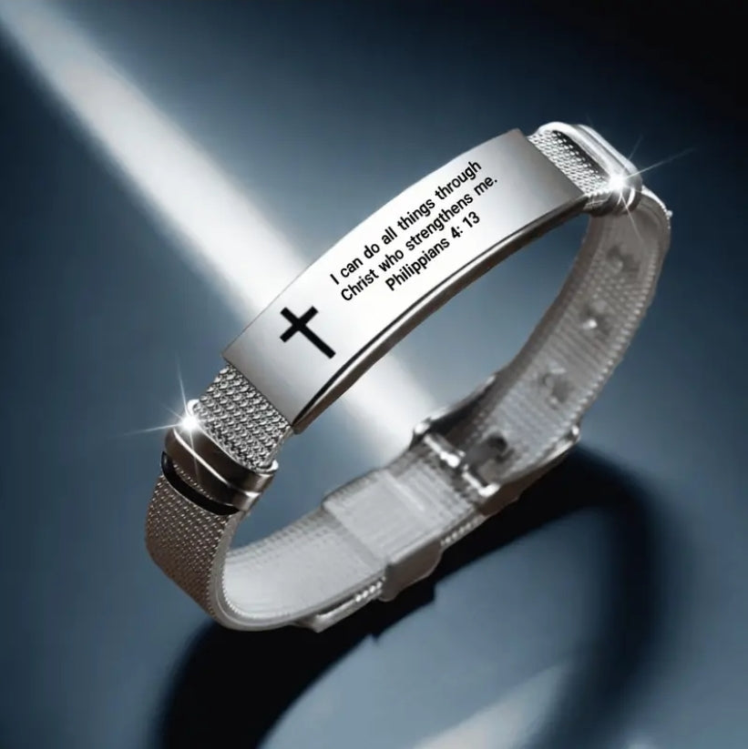 Stainless Steel Scripture Engraved Christian Bracelet with Adjustable Silicone Strap