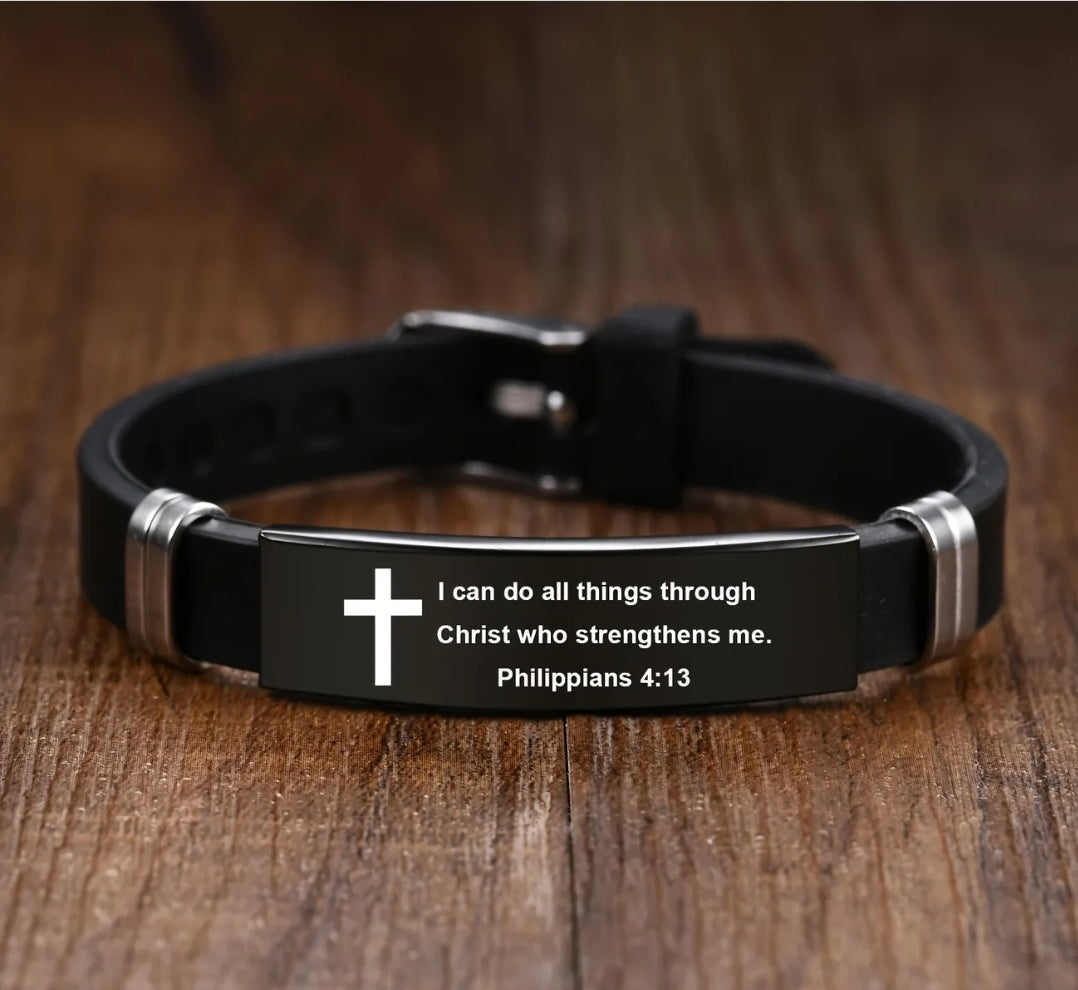 Stainless Steel Scripture Engraved Christian Bracelet with Adjustable Silicone Strap