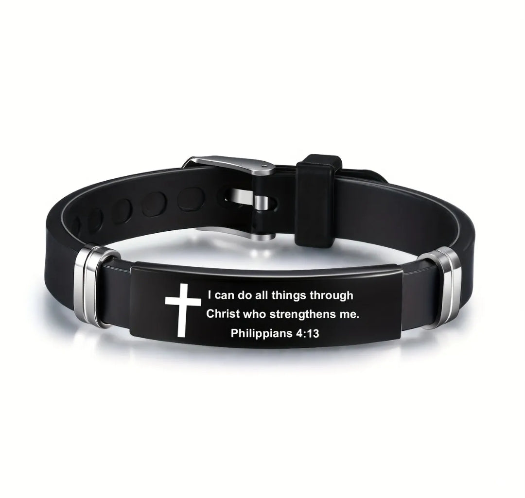 Stainless Steel Scripture Engraved Christian Bracelet with Adjustable Silicone Strap