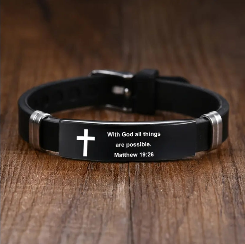 Stainless Steel Scripture Engraved Christian Bracelet with Adjustable Silicone Strap