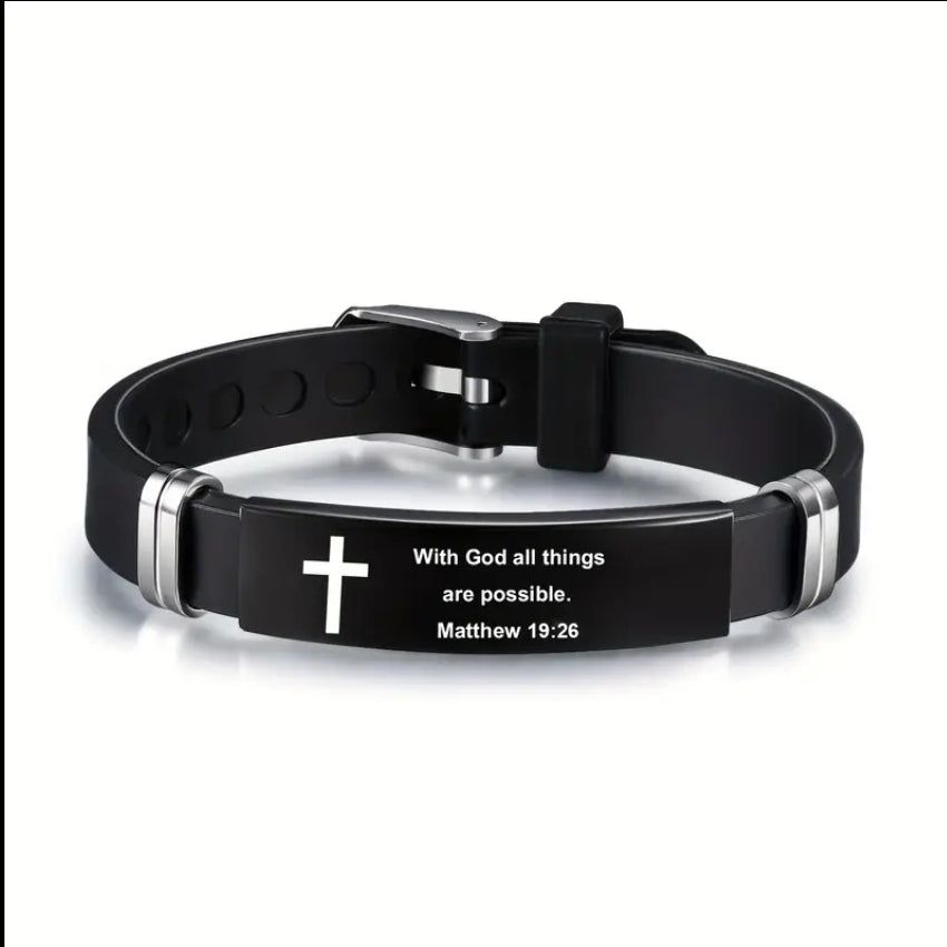 Stainless Steel Scripture Engraved Christian Bracelet with Adjustable Silicone Strap