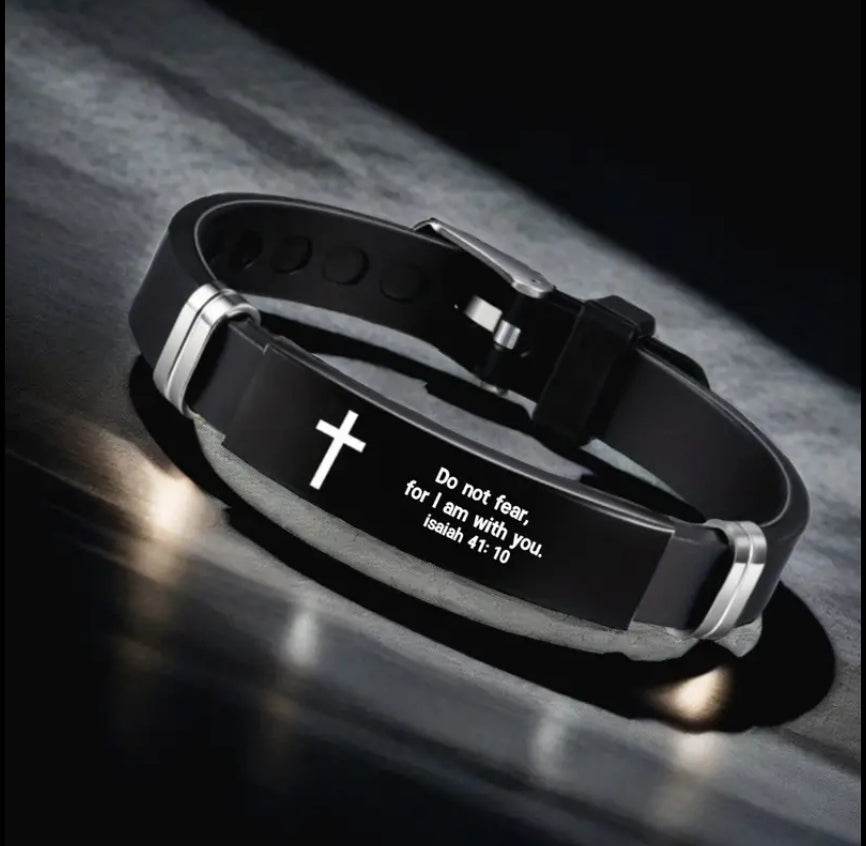 Stainless Steel Scripture Engraved Christian Bracelet with Adjustable Silicone Strap