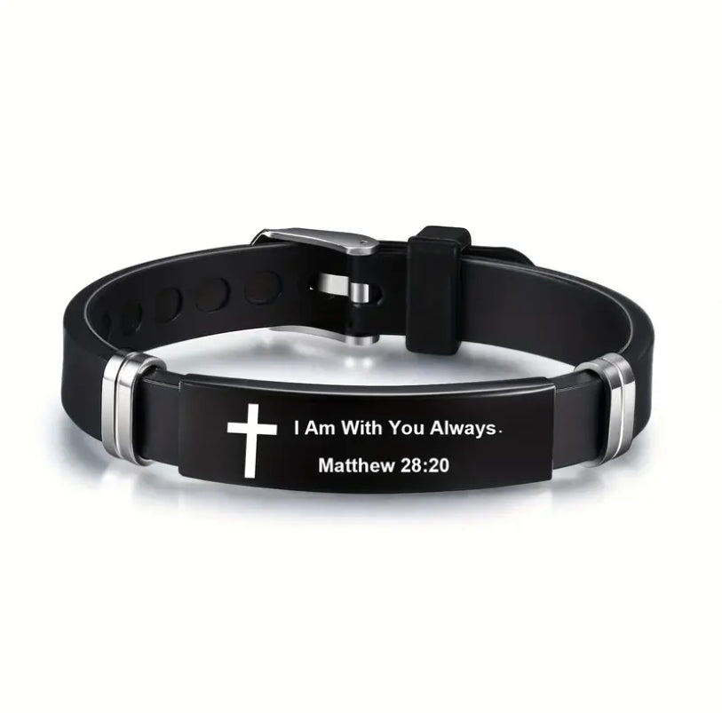 Stainless Steel Scripture Engraved Christian Bracelet with Adjustable Silicone Strap