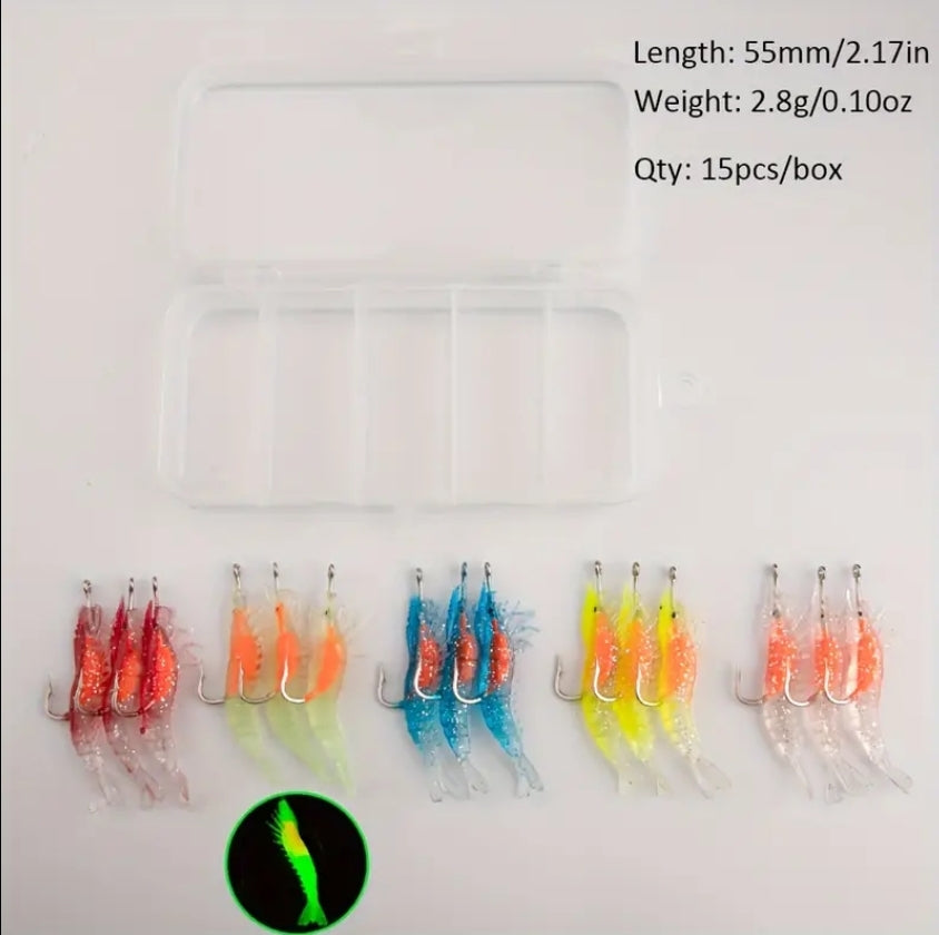 15 Pack Weighted Shrimp Lure Bionic Swim Bait 1/10th Oz