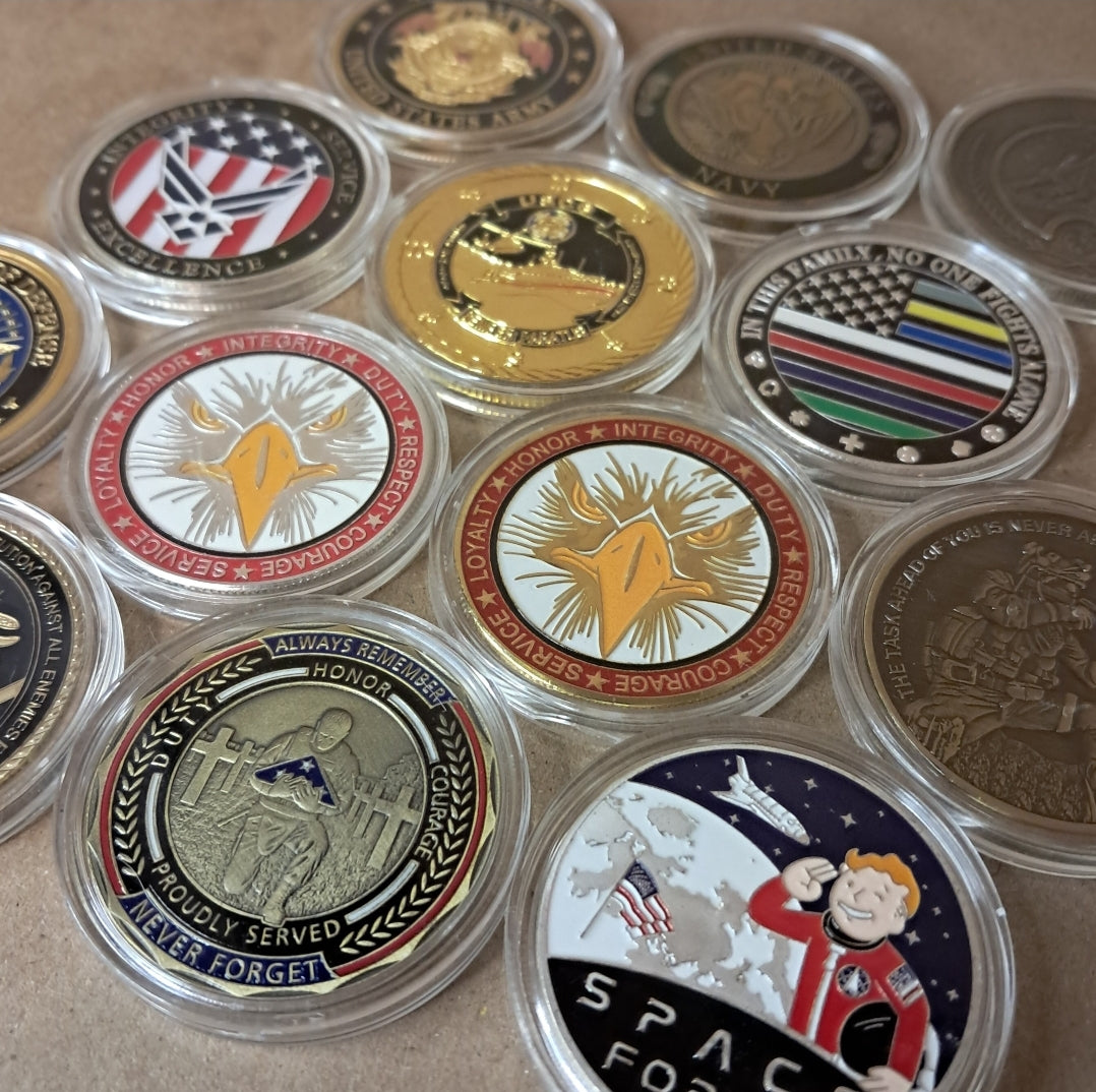 U.S. Military Commemrative Steel Coins 1.57 inches with Plastic Protective Case Navy Army Marines Air Force Coast Guard First Responder Veteran