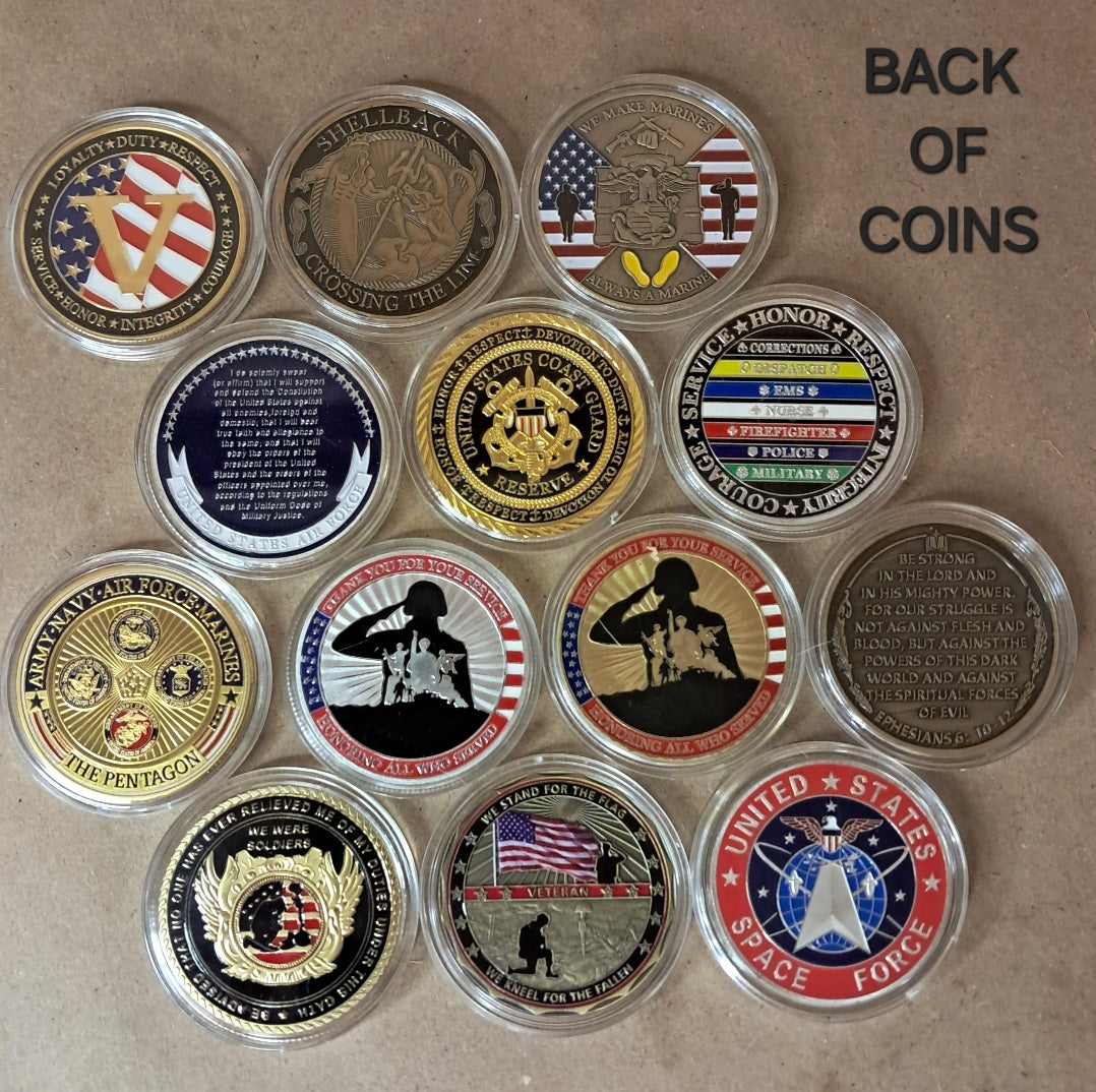 U.S. Military Commemrative Steel Coins 1.57 inches with Plastic Protective Case Navy Army Marines Air Force Coast Guard First Responder Veteran