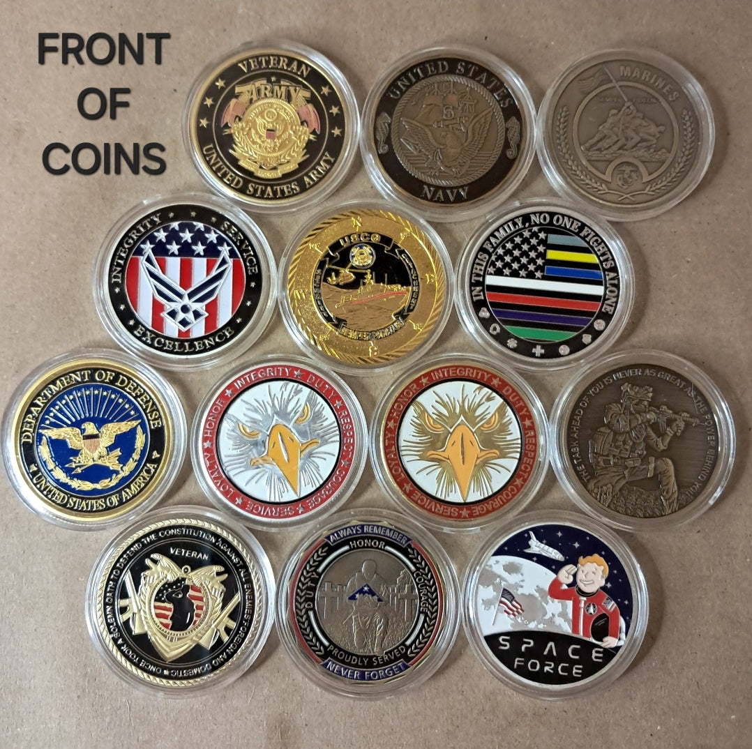 U.S. Military Commemrative Steel Coins 1.57 inches with Plastic Protective Case Navy Army Marines Air Force Coast Guard First Responder Veteran