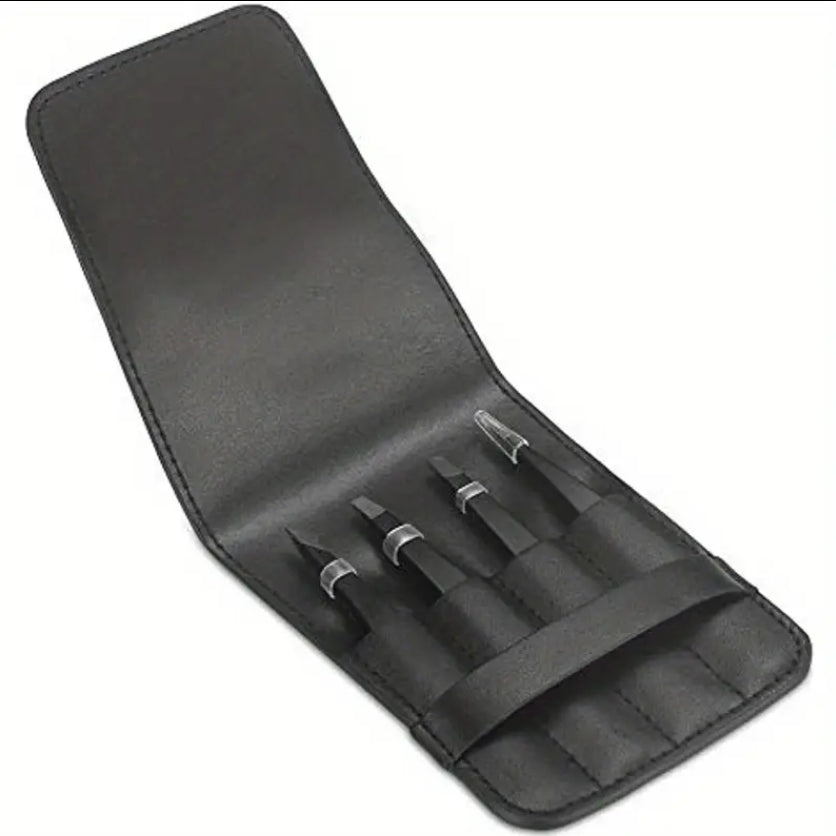 4-Pack Tweezers - Black Stainless Steel with canvas travel case