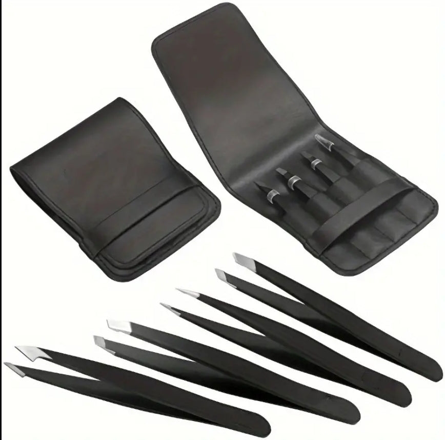 4-Pack Tweezers - Black Stainless Steel with canvas travel case