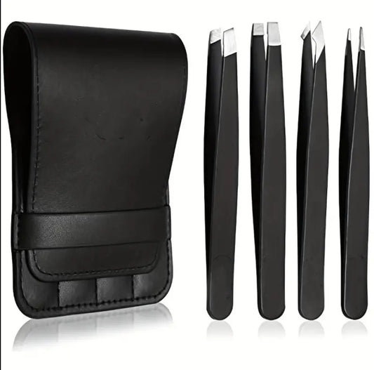 4-Pack Tweezers - Black Stainless Steel with canvas travel case