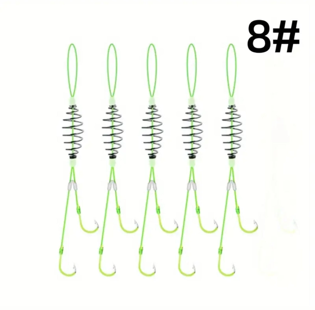 5 Pack Spring Bait Cage with dual fluorescent hooks - hand tied Carp Bait cages with hooks