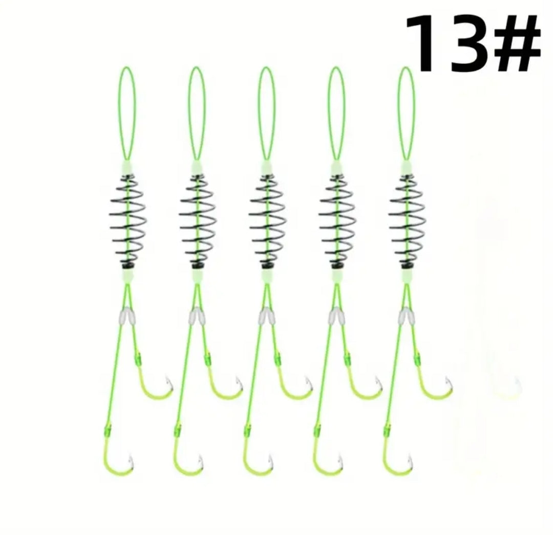 5 Pack Spring Bait Cage with dual fluorescent hooks - hand tied Carp Bait cages with hooks