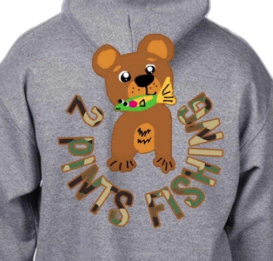 Bear and Fish Winter Hoodie - Heavy Weight Thick Cotton Blend Winter Pullover Fishing Hoodie