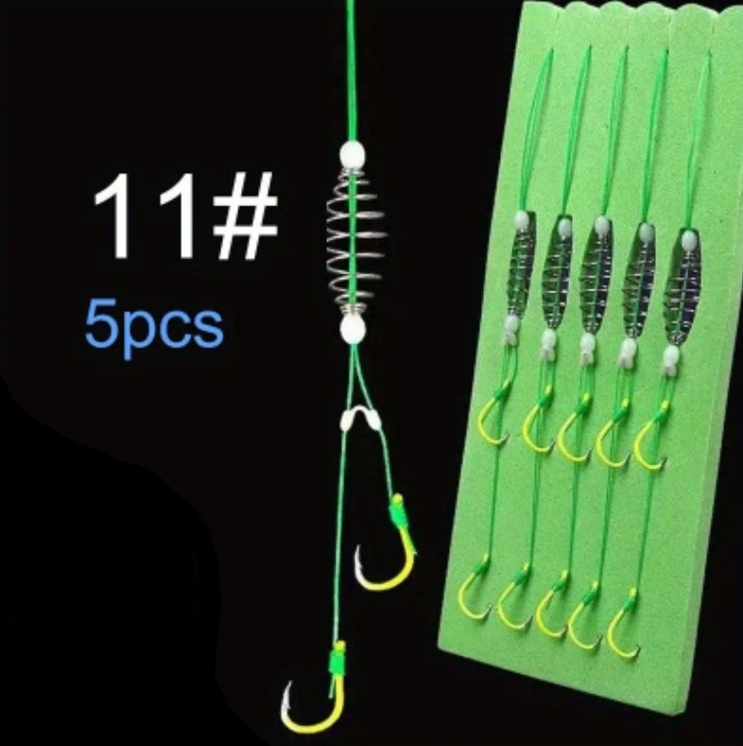 5 Pack Spring Bait Cage with dual fluorescent hooks - hand tied Carp Bait cages with hooks