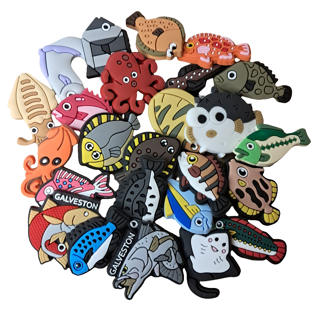 25 Pack Fishing Shoe Charms - featuring Fish Trout Squid Octopus Pufferfish Flounder Redfish Stingray Snapper Bass Tuna